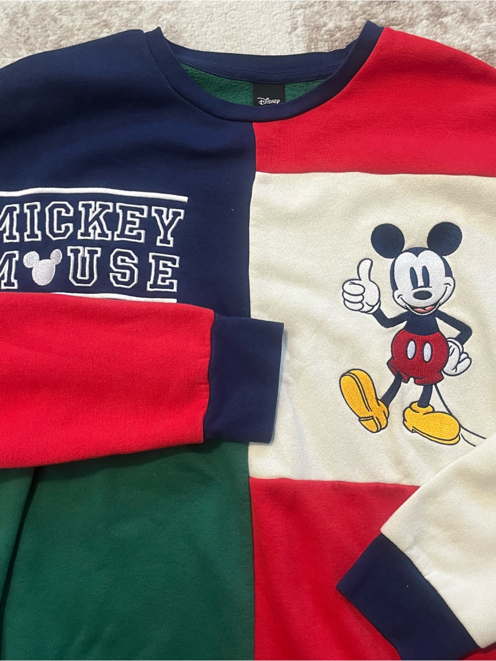 Disney Mens Large Colorblock Mickey Mouse Sweatshirt Red Green Blue 1928 Patch L